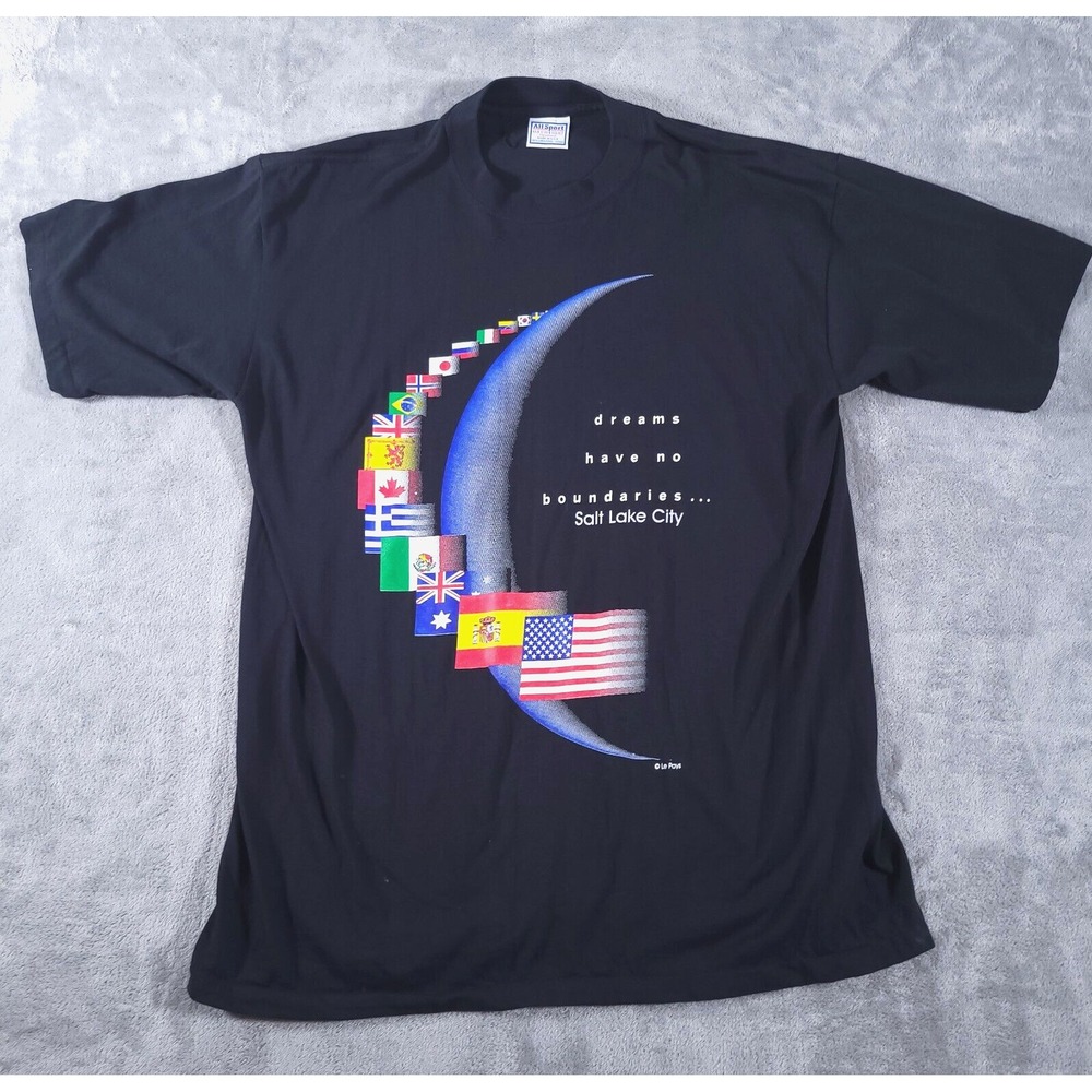 Vtg Dreams Have No Boundaries T Shirt Tee Adult XL Black Slat Lake CIty Flags